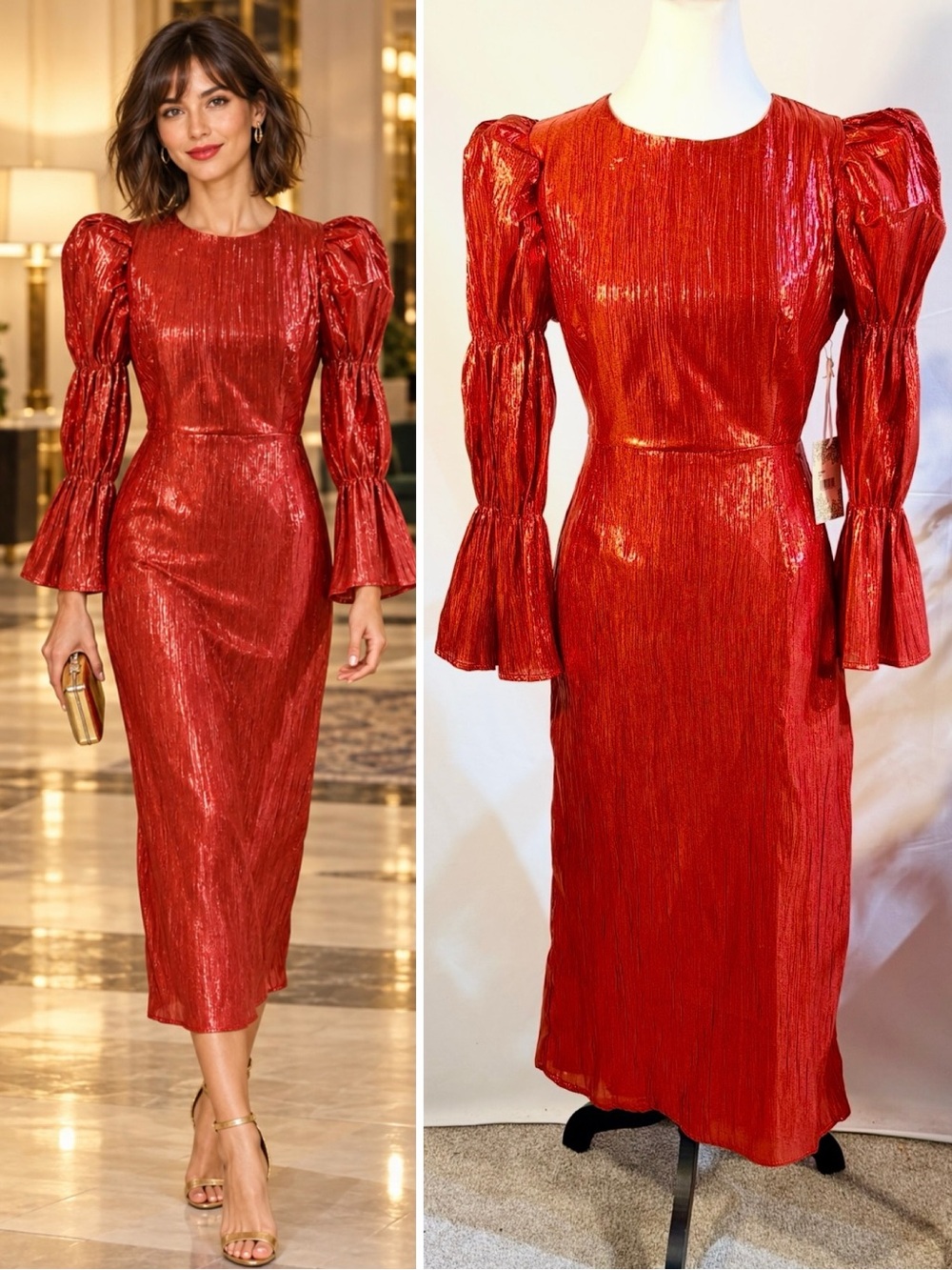 💥NWT Hyacinth House Darcy Red Metallic Plissé Puff Sleeve Midi Dress Sz S🧡